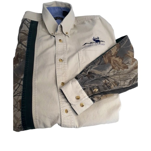 Roper Range Gear Hunting Shooting Khanki RealTree Camo Shirt Mens L w Elk Camp - Picture 2 of 13